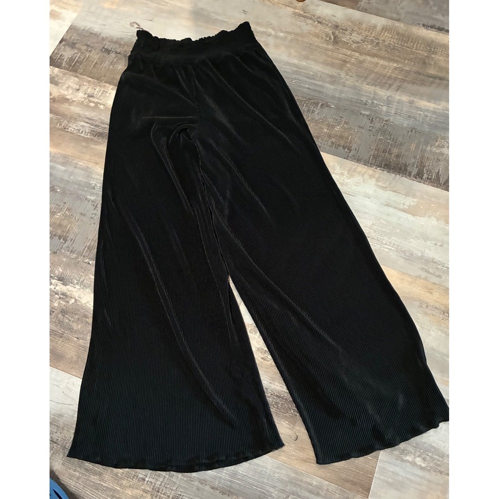 Jolie & Joy Black Plisse Wide Leg Pants High Waist Smocked Pleated Trousers L